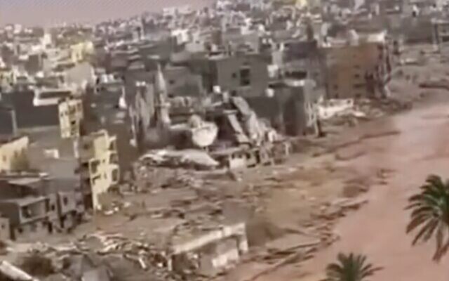 A screen capture from video taken September 11, 2023, shows damage from flash floods in the eastern Libyan city of Derna. (X. Used in accordance with Clause 27a of the Copyright Law) A screen capture from video taken September 11, 2023, shows damage from flash floods in the eastern Libyan city of Derna. (X. Used in accordance with Clause 27a of the Copyright Law)