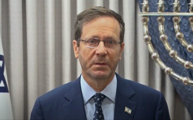 President Isaac Herzog in an English-language message to Jews around the world for Rosh Hashanah, September 15, 2023 (Video screenshot) President Isaac Herzog in an English-language message to Jews around the world for Rosh Hashanah, September 15, 2023 (Video screenshot)