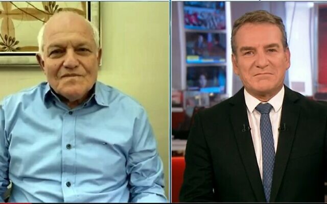 Tourism Minister Haim Katz (L) speaks to Channel 12 from Saudi Arabia on September 26, 2023. (Screencapture)