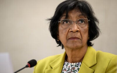 Navi Pillay, chair of the UN Independent International Commission of Inquiry on the Occupied Palestinian Territory, including East Jerusalem, and Israel, presents a report on the opening day of the 50th session of the UN Human Rights Council, in Geneva on June 13, 2022. (Fabrice Coffrini/AFP)