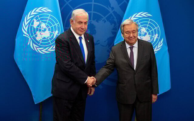 Prime Minister Benjamin Netanyahu, left, meets with United Nations Secretary-General Antonio Guterres during the 78th session of the United Nations General Assembly at UN Headquarters, September 20, 2023. (AP/Craig Ruttle) Prime Minister Benjamin Netanyahu, left, meets with United Nations Secretary-General Antonio Guterres during the 78th session of the United Nations General Assembly at UN Headquarters, September 20, 2023. (AP/Craig Ruttle)