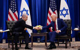 US President Joe Biden meets with Prime Minister Benjamin Netanyahu in New York, September 20, 2023. (AP/Susan Walsh)