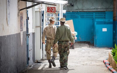 Illustrative: Israeli soldiers at Prison Four, Israel's largest military prison, located at the Tzrifin military base, April 26, 2018. (Miriam Alster/Flash90)