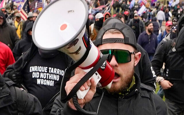 Proud Boy member Ethan Nordean walks toward the US Capitol in Washington, in support of then US president Donald Trump, January 6, 2021. (AP Photo/Carolyn Kaster, File) Proud Boy member Ethan Nordean walks toward the US Capitol in Washington, in support of then US president Donald Trump, January 6, 2021. (AP Photo/Carolyn Kaster, File)
