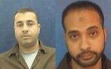 This composite image made from pictures sent out by the Shin Bet on September 20, 2023, show Arafat Natash and Muhammad Abu Awwad, who the security agency accused of orchestrating an attempt to smuggle explosive material out of the Gaza Strip on behalf of Hamas. (Shin Bet)