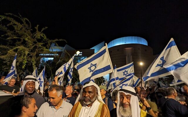 A photo provided by an anti-judicial overhaul activist shows Bedouin community leaders at a demonstration in Beersheba, September 9, 2023. (Tanya Zion-Waldoks)