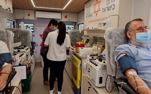 Blood is donated in a Magen David Adom mobile blood donation unit. (Courtesy of Magen David Adom) Blood is donated in a Magen David Adom mobile blood donation unit. (Courtesy of Magen David Adom)