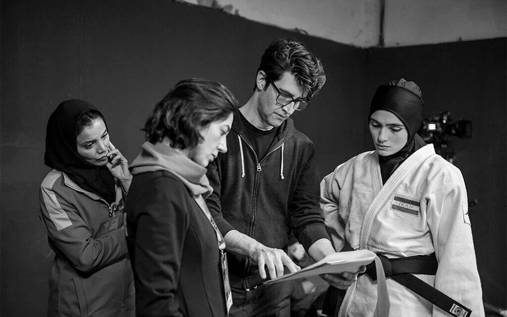 Director Guy Nattiv, second from right, with the actors in 'Tatami,' filmed in Georgia in 2022, his latest film about an Iranian athlete forced to make an impossible decision (Courtesy Guy Nattiv) Director Guy Nattiv, second from right, with the actors in 'Tatami,' filmed in Georgia in 2022, his latest film about an Iranian athlete forced to make an impossible decision (Courtesy Guy Nattiv)