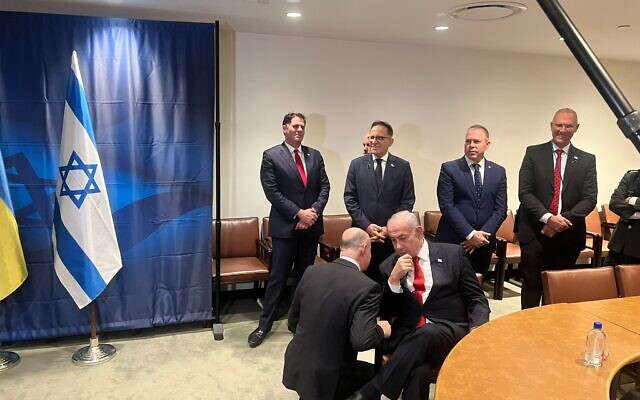Prime Minister Benjamin Netanyahu with aides and other Israeli officials ahead of a meeting with Ukrainian President Volodymyr Zelensky. (Lazar Berman/Times of Israel) Prime Minister Benjamin Netanyahu with aides and other Israeli officials ahead of a meeting with Ukrainian President Volodymyr Zelensky. (Lazar Berman/Times of Israel)