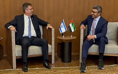 Foreign Minister Eli Cohen (L) meets with his Emirati counterpart Abdullah Bin Zayed on the sidelines of the UN General Assembly, September 20, 2023 (Foreign Ministry)
