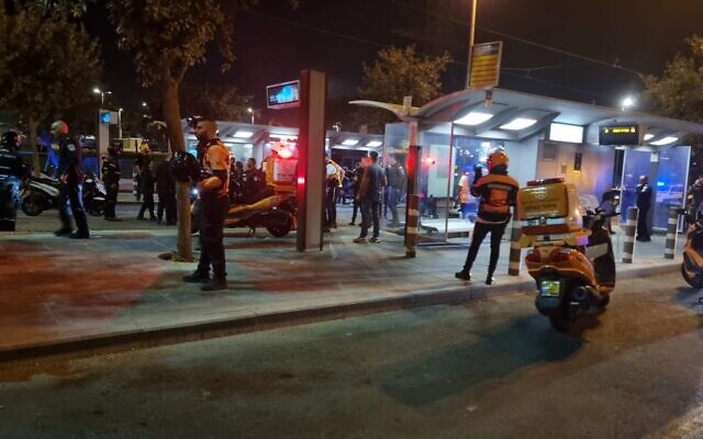 The scene of a suspected stabbing attack at the Giv'at Hamivtar light rail station in Jerusalem on September 21, 2023 (United Hatzalah) The scene of a suspected stabbing attack at the Giv'at Hamivtar light rail station in Jerusalem on September 21, 2023 (United Hatzalah)