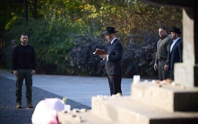 Ukrainian President Volodymyr Zelensky attends a memorial at Babyn Yar in Ukraine on September 29, 2023, marking 82 years since the massacre of Jews at the site by Nazis. (Ukrainian presidency)