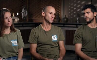 A screenshot from a '60 Minutes' segment, aired on September 17, 2023, with leaders from the Brothers and Sisters in Arms protest group against the Netanyahu government's judicial overhaul. From left: Shira Eting, Ron Scherf, and Omri Ronen. ('60 Minutes' screen grab, used in accordance with Clause 27a of the Copyright Law)