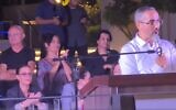 Then-Herzliya city council candidate Rafi Chaim-Kedoshim speaks at a September 2023 campaign event in the city as ministers, including Galit Distel Atbaryan (left) look on. (Screenshot used in accordance with clause 27a of the copyright law)