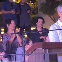 Then-Herzliya city council candidate Rafi Chaim-Kedoshim speaks at a September 2023 campaign event in the city as ministers, including Galit Distel Atbaryan (left) look on. (Screenshot used in accordance with clause 27a of the copyright law)