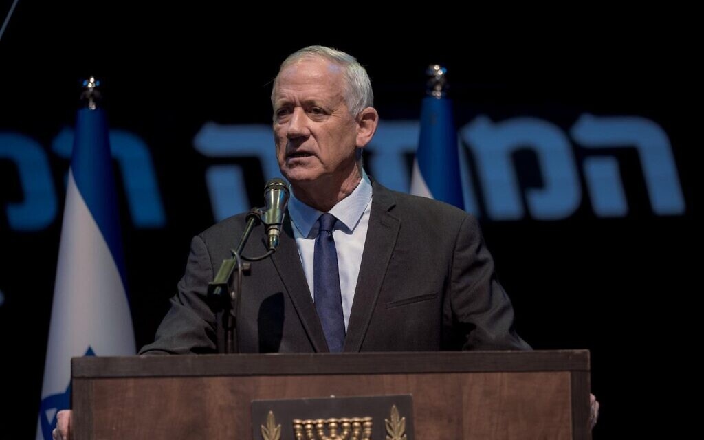 Benny Gantz gives a speech on September 5, 2023 responding to Prime Minister Benjamin Netanyahu plea for talks on the judicial overhaul. (Courtesy)