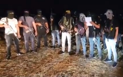 Members of the pro-Fatah Tanzim militia reading out a statement against the Iran ties of rival Islamist Palestinian factions, West Bank, September 19 (via Twitter, screenshot)