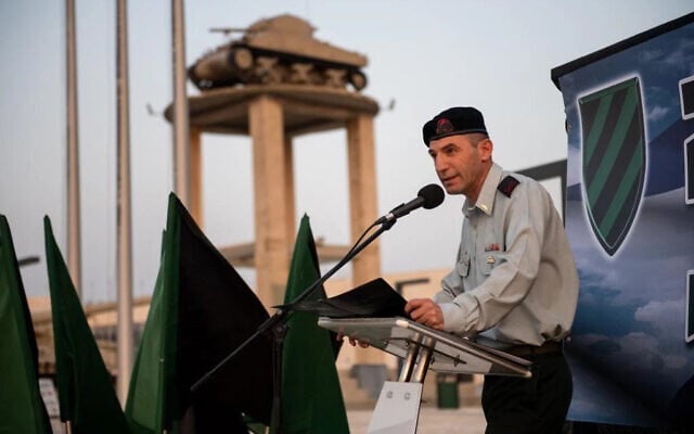 Brig. Gen. Hisham Ibrahim speaks at a handover ceremony as he enters the role as head of the Armored Corps, August 10, 2022. (Israel Defense Forces) Brig. Gen. Hisham Ibrahim speaks at a handover ceremony as he enters the role as head of the Armored Corps, August 10, 2022. (Israel Defense Forces)