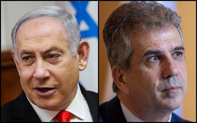 Left: Prime Minister Benjamin Netanyahu at a cabinet meeting in Jerusalem, January 19, 2020 (AP Photo/Gil Cohen-Magen, Pool); Right: Foreign Minister Eli Cohen during an interview at the Foreign Ministry in Jerusalem, June 12, 2023 (Yossi Aloni/Flash90) Left: Prime Minister Benjamin Netanyahu at a cabinet meeting in Jerusalem, January 19, 2020 (AP Photo/Gil Cohen-Magen, Pool); Right: Foreign Minister Eli Cohen during an interview at the Foreign Ministry in Jerusalem, June 12, 2023 (Yossi Aloni/Flash90)