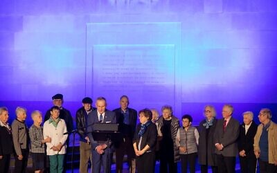 The exterior of the US Holocaust Memorial Museum in Washington, DC, is illuminated with blue lights in honor of the current events happening in Israel, October 11, 2023. (USHMM via JTA)