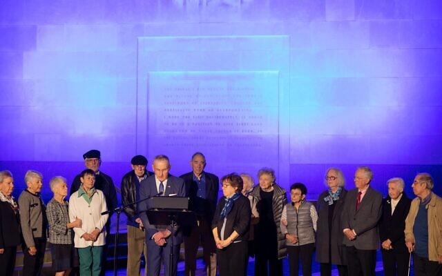 The exterior of the US Holocaust Memorial Museum in Washington, DC, is illuminated with blue lights in honor of the current events happening in Israel, October 11, 2023. (USHMM via JTA) The exterior of the US Holocaust Memorial Museum in Washington, DC, is illuminated with blue lights in honor of the current events happening in Israel, October 11, 2023. (USHMM via JTA)