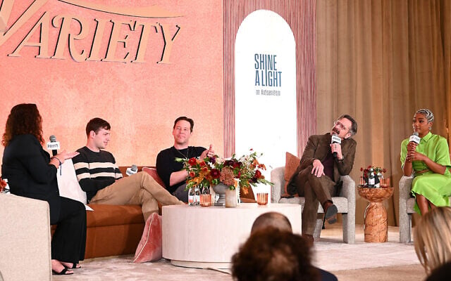 From left to right: Variety contributor Malina Saval, Alex Edelman, Ike Barinholtz, Marc Maron and Tiffany Haddish speak onstage during the Variety Hollywood & Antisemitism Summit in West Hollywood, California, October 18, 2023. (Araya Doheny/Variety via Getty Images via JTA)