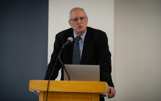 Professor Mohammed Dajani speaks at Brooklyn College in New York City, September 28, 2023. (Luke Tress/Times of Israel)