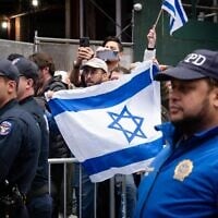 Israel supporters during a protest in New York City, October 8, 2023. (Luke Tress/Times of Israel)