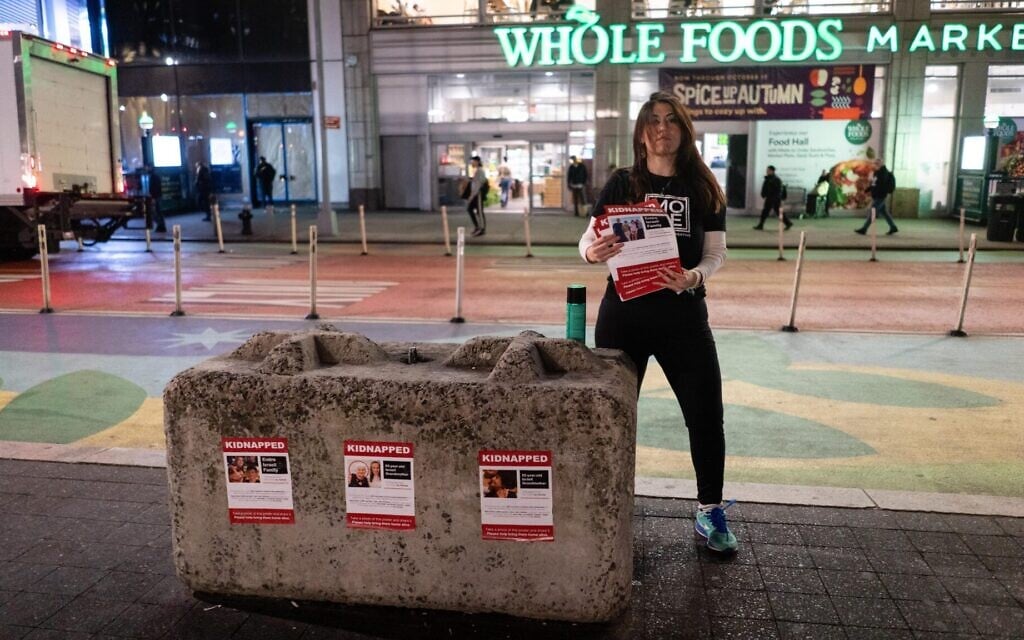 Israeli artist Ronit Levin Delgado in New York City’s Union Square, October 16, 2023. (Luke Tress JTA)