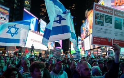 In New York's Times Square, thousands of Israel supporters demand the release of hostages held by Hamas on Oct. 19, 2023. (Luke Tress)