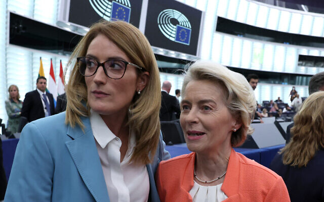 European Parliament President Roberta Metsola (L) and EU Commission President Ursula von der Leyen (R) look on after the latter delivered her annual State of the Union address during a plenary session at the European Parliament in Strasbourg, eastern France, on September 13, 2023. (Frederick Florin/AFP) European Parliament President Roberta Metsola (L) and EU Commission President Ursula von der Leyen (R) look on after the latter delivered her annual State of the Union address during a plenary session at the European Parliament in Strasbourg, eastern France, on September 13, 2023. (Frederick Florin/AFP)