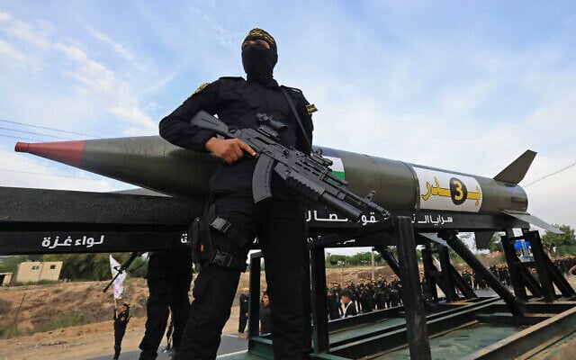 Palestinian terrorists of the Islamic Jihad movement participate in an anti-Israel military parade marking the 36th anniversary of the movement's foundation in Gaza City, October 4, 2023. (Mahmud Hams/AFP) Palestinian terrorists of the Islamic Jihad movement participate in an anti-Israel military parade marking the 36th anniversary of the movement's foundation in Gaza City, October 4, 2023. (Mahmud Hams/AFP)