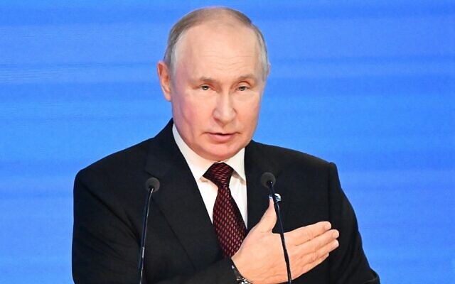 Photograph distributed by Russian state owned agency Sputnik shows Russian President Vladimir Putin addressing the plenary session of the Valdai Discussion Club forum in Sochi on October 5, 2023. (Sergei Guneyev/Pool/AFP) Photograph distributed by Russian state owned agency Sputnik shows Russian President Vladimir Putin addressing the plenary session of the Valdai Discussion Club forum in Sochi on October 5, 2023. (Sergei Guneyev/Pool/AFP)