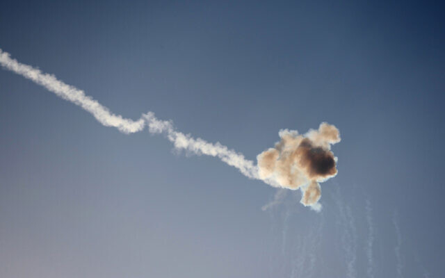 Rockets fired from the Gaza Strip are intercepted by Israel's Iron Dome defense missile system over the southern city of Sderot on October 12, 2023. (JACK GUEZ / AFP)