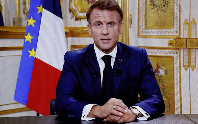French President Emmanuel Macron during a televised address to the nation on the topic of the conflict between Israel and Palestinian terror group Hamas, made from the Elysee Palace, in Paris, on October 12, 2023. (Ludovic Marin/AFP) French President Emmanuel Macron during a televised address to the nation on the topic of the conflict between Israel and Palestinian terror group Hamas, made from the Elysee Palace, in Paris, on October 12, 2023. (Ludovic Marin/AFP)