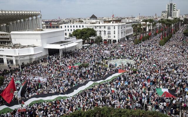 Demonstrators march to express support for Palestinians amid the 2023 Israel-Gaza war, in Rabat, Morocco, on October 15, 2023. (FADEL SENNA/AFP) Demonstrators march to express support for Palestinians amid the 2023 Israel-Gaza war, in Rabat, Morocco, on October 15, 2023. (FADEL SENNA/AFP)