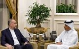 Qatar's Prime Minister and Foreign Minister Mohammed bin Abdulrahman al-Thani (R) meeting with Iran's Foreign Minister Hossein Amir-Abdollahian in Doha on October 14, 2023. (Qatar News Agency / AFP)