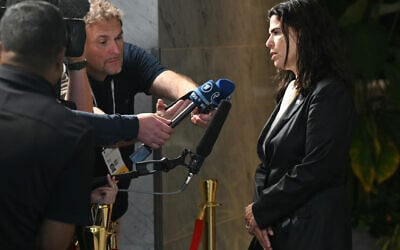 Israel's first Olympic medalist and newly inducted International Olympic Committee (IOC) member Yael Arad speaks to the media at the end of the 141st International Olympic Committee (IOC) session in Mumbai on October 17, 2023. (Photo by INDRANIL MUKHERJEE / AFP)