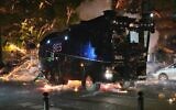 Fireworks explode near a police vehicle as demonstrators rally to show support for the Palestinians in Berlin, October 18, 2023. (Zakaria ABDELKAFI / AFP)