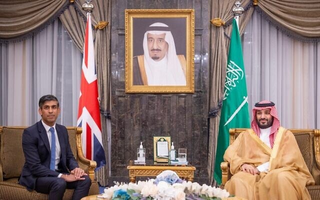 Saudi Crown Prince Mohammed bin Salman (R) meets with Britain's Prime Minister Rishi Sunak in the capital Riyadh, October 19, 2023. (Bandar Al-Jaloud/Saudi Royal Palace/AFP) Saudi Crown Prince Mohammed bin Salman (R) meets with Britain's Prime Minister Rishi Sunak in the capital Riyadh, October 19, 2023. (Bandar Al-Jaloud/Saudi Royal Palace/AFP)