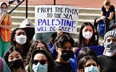 Illustrative: a participant holds a placard as students gather during a 'Walkout to fight Genocide and Free Palestine' at Bruin Plaza at UCLA (University of California, Los Angeles) in Los Angeles on October 25, 2023 (Frederic J. Brown/AFP)