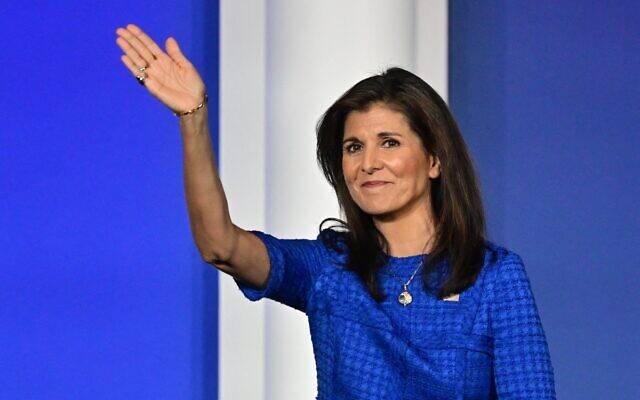 US Republican presidential candidate Nikki Haley waves after addresseing the Republican Jewish Coalition (RJC) Annual Leadership Summmit on October 28, 2023 at the Venetian Conference Center in Las Vegas, Nevada. (Frederic J. Brown/AFP) US Republican presidential candidate Nikki Haley waves after addresseing the Republican Jewish Coalition (RJC) Annual Leadership Summmit on October 28, 2023 at the Venetian Conference Center in Las Vegas, Nevada. (Frederic J. Brown/AFP)