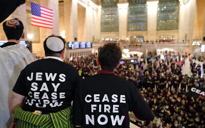 Illustrative: Demonstrators call for a ceasefire between Israel and Gaza-ruling Hamas terror group, during a protest organized by Jewish Voice for Peace at Grand Central Station in New York City on October 27, 2023. (Kena Betancur/AFP)