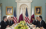 Secretary of State Antony Blinken, left, meets with Qatari Deputy Prime Minister and Foreign Minister Mohammed bin Abdulrahman Al Thani, right, at the State Department on Friday, Feb. 10, 2023, in Washington. (AP Photo/Kevin Wolf)