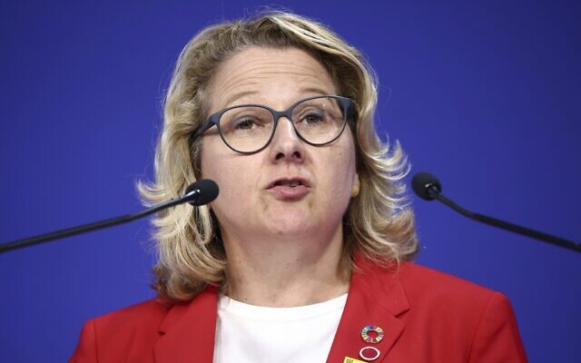 Germany's Minister for Economic Cooperation and Development Svenja Schulze speaks in London, June 22, 2023. (Henry Nicholls/Pool via AP)