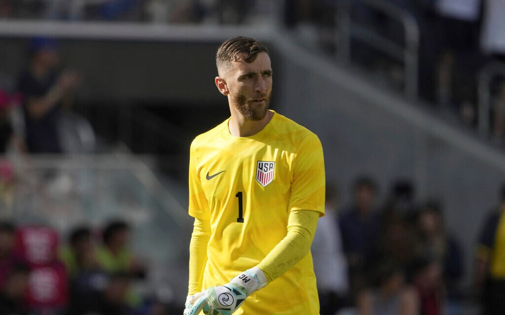 United States goalkeeper Matt Turner looks into the crowd during the first half of an international friendly soccer match against Uzbekistan, September 9, 2023, in St. Louis. (AP Photo/Jeff Roberson)
