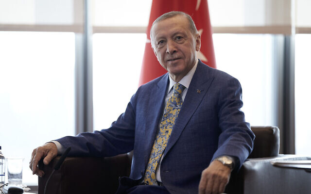 Turkish President Recep Tayyip Erdoğan on the sidelines of the United Nations General Assembly in New York, September 20, 2023. (Dimitris Papamitsos/Greek Prime Minister's Office via AP) Turkish President Recep Tayyip Erdoğan on the sidelines of the United Nations General Assembly in New York, September 20, 2023. (Dimitris Papamitsos/Greek Prime Minister's Office via AP)
