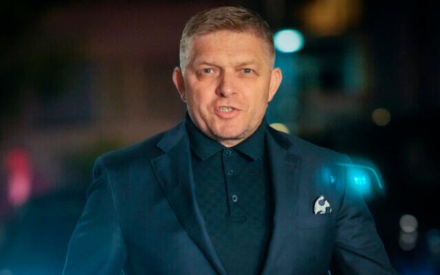 Former Prime Minister Robert Fico arrives at his party's headquarters after polling stations closed for an early parliamentary election, in Bratislava, Slovakia, September 30, 2023. (Darko Bandic/AP) Former Prime Minister Robert Fico arrives at his party's headquarters after polling stations closed for an early parliamentary election, in Bratislava, Slovakia, September 30, 2023. (Darko Bandic/AP)