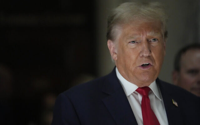 Former US president Donald Trump speaks to reporters as he leaves the courtroom during a lunch break in his civil business fraud trial, October 4, 2023, in New York. (AP Photo/Mary Altaffer) Former US president Donald Trump speaks to reporters as he leaves the courtroom during a lunch break in his civil business fraud trial, October 4, 2023, in New York. (AP Photo/Mary Altaffer)