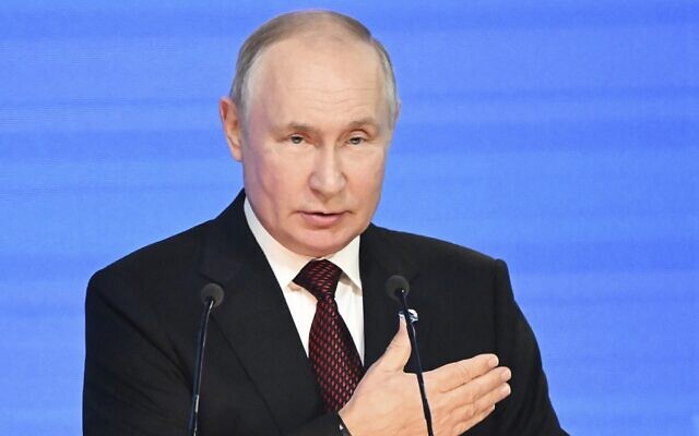 Russian President Vladimir Putin gestures while addressing the annual meeting of the Valdai Discussion Club in the Black Sea resort of Sochi, Russia, October 5, 2023. (Sergei Guneyev, Sputnik, Kremlin Pool Photo via AP) Russian President Vladimir Putin gestures while addressing the annual meeting of the Valdai Discussion Club in the Black Sea resort of Sochi, Russia, October 5, 2023. (Sergei Guneyev, Sputnik, Kremlin Pool Photo via AP)